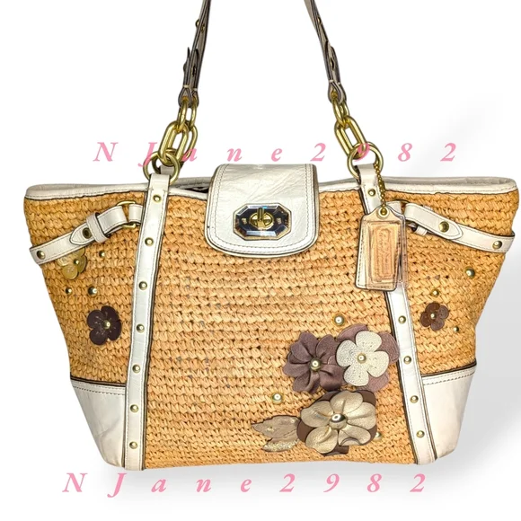 Coach Straw Tote Floral Appliqué Natalie Hampton 16763 Ivory Grey Stud Leather - Picture 2 of 16